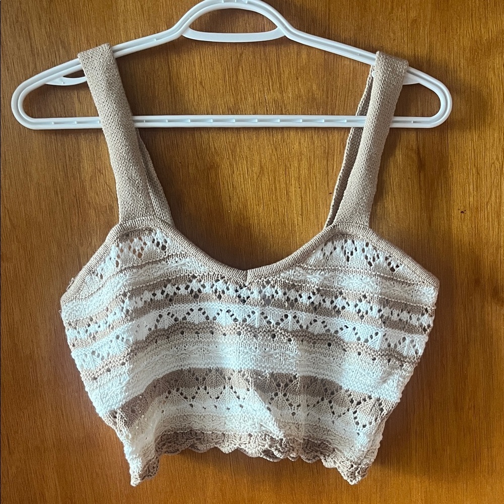 Woman’s Divided Beige & Cream Crochet Crop Tank Small